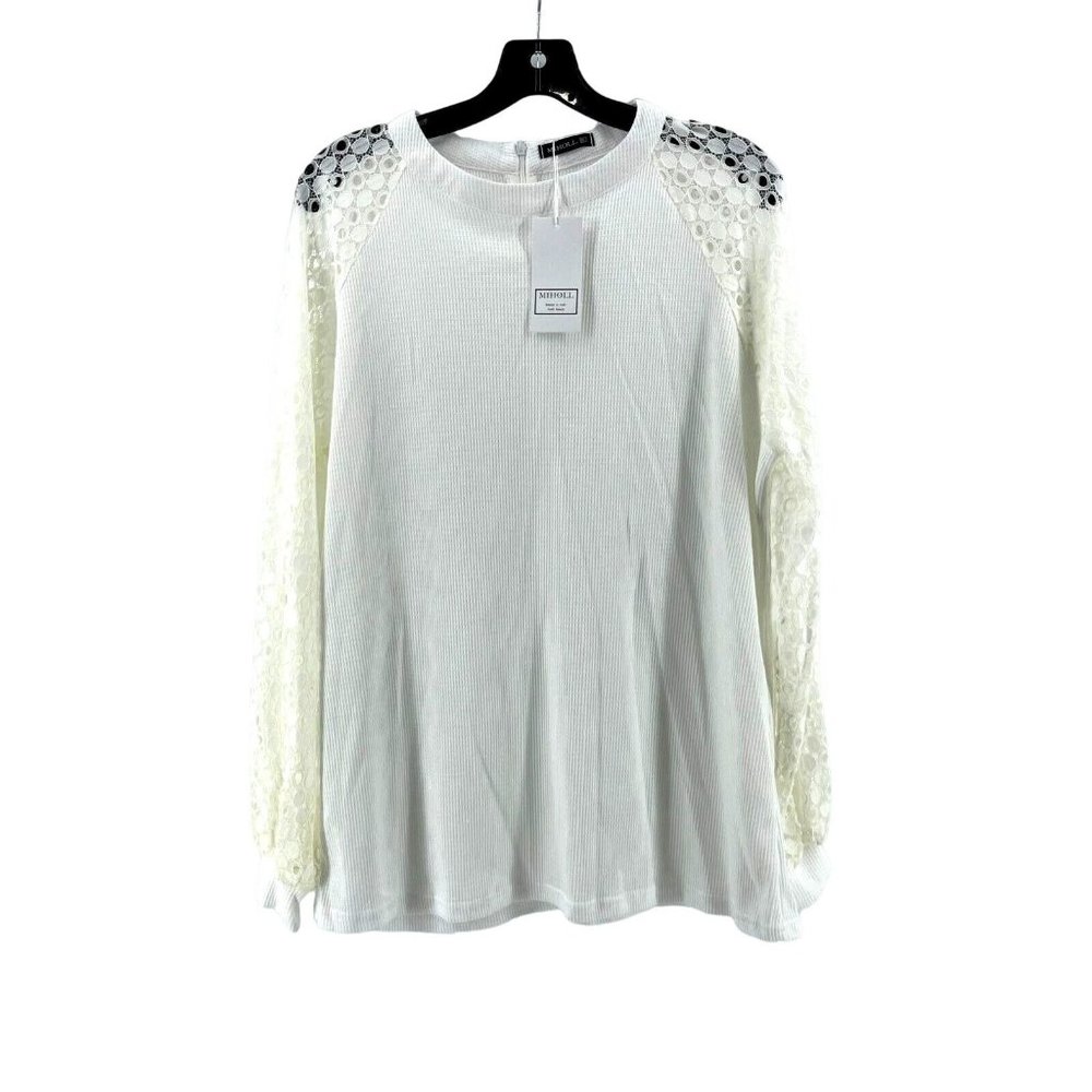 NWT Milholl Women's White Long Lace Sleeves Zip Back Top Shirt Blouse Size XL